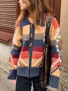 Alicedudu Women Vintage Contrast Color Geometric Pattern Lapel Cardigan, Casual Autumn/Winter - Multicolor - View 3