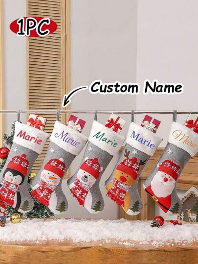 LICVIC 1pc Personalized Christmas Stocking, Large Custom Stockings With Name, Cute Grey Xmas Stocking For Kids,Holiday And Family Stocking For Fireplace Party Decoration Personalized Christmas Stockings Large Grey Custom Christmas Stockings With Names Applique Penguin Stocking