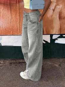 MYOURSA Y2K 高腰宽松阔腿水洗复古牛仔裤，女士休闲街头风，浅灰色