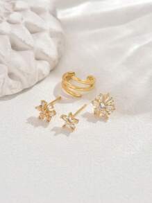 4 对优雅铜镶嵌白色方晶锆石雪花设计女士耳钉套装，高端花卉主题珠宝耳环套装，节日礼物 - 金黃色 - 查看 4