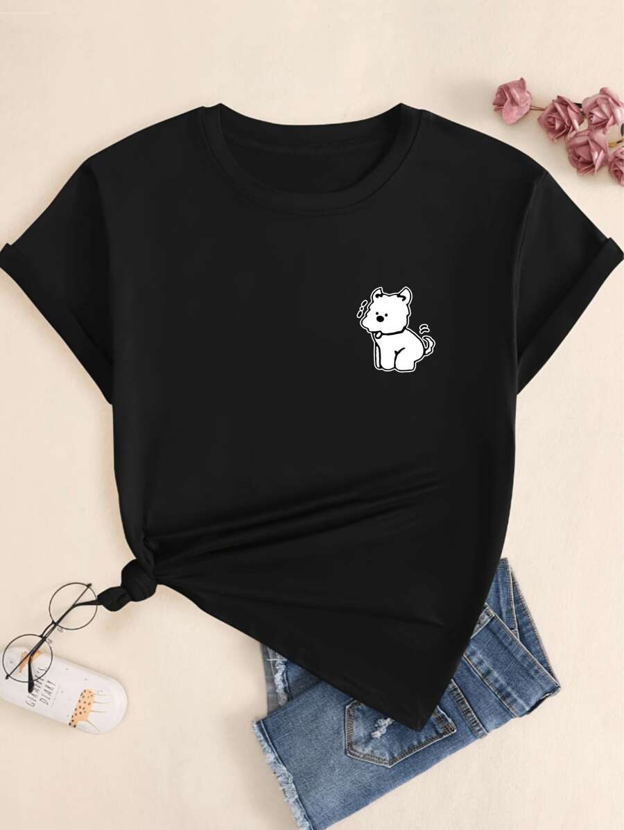 Cute Dog Cotton Casual Premium Comfortable Printed Women's T-Shirt - màu đen - Xem 1