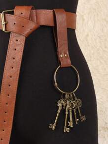 2Pcs Brown PU Leather Medieval Belt With Key Pendant For Renaissance Viking Period Belt Keychain Cosplay Props Halloween - Brown - View 5