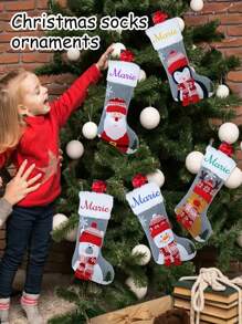 1 件个性化圣诞袜，定制名字刺绣，圣诞节壁炉装饰，装饰有圣诞老人、雪人、企鹅和熊，适用于家庭聚会节日季节装饰个性化圣诞袜带名字-18 大红色定制名字家庭圣诞袜 - 風格1 - 查看 4