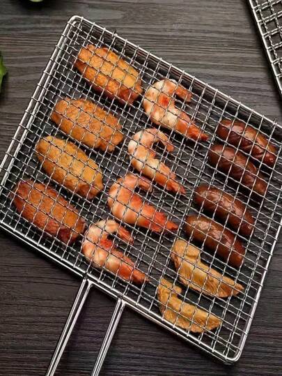 1pcsStainless Steel BBQ Grill Basket - Foldable, Durable Metal Mesh Clip For Fish & Vegetables, Perfect For Outdoor Cooking
