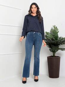 Women's Shirt Long Sleeve Blouse With Front Pockets 3700-1 - Màu xanh hải quân - Xem 2