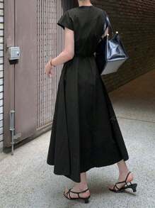 2025 Summer Women's Round Neck Tie Cinched Waist A-Line Midi Dress, Solid Color Short Sleeve