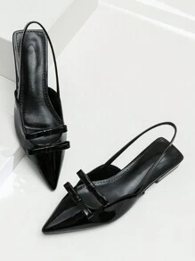 秋冬新款法式蝴蝶结尖头玛丽珍鞋，女式一脚蹬搭扣粗跟凉鞋，中跟鞋情人节款，平底鞋 - 黑色 - 查看 2