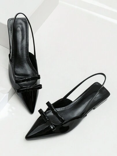 秋冬新款法式蝴蝶结尖头玛丽珍鞋，女式一脚蹬搭扣粗跟凉鞋，中跟鞋情人节款，平底鞋