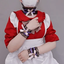 1 套女仆服装包括连衣裙、手套、衣领 - 适合派对和角色扮演活动 - 紫色 - 查看 1