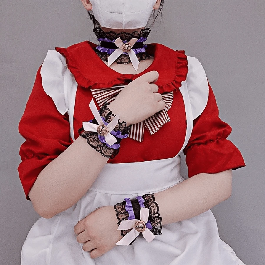 1 套女仆服装包括连衣裙、手套、衣领 - 适合派对和角色扮演活动 - 紫色 - 查看 1