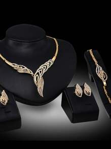 5pcs/Set Luxurious & Exaggerated Gold-Tone Rhinestone Studded Leaf Design Necklace, Earrings, Ring, Bracelet Set For Women's Wedding Party