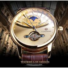 Đồng hồ đeo tay cơ học Forsining Moon Phase Automatic Royal Men màu vàng chống nước thường ngày bằng da thật Tourbillon - Vàng - Xem 2