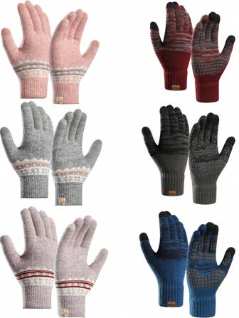 1pair Knitted Warm Double Layer Thick Knitted Touchscreen Gloves