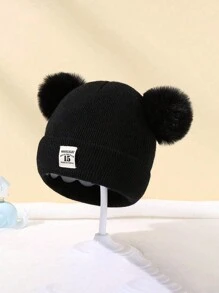 1 件纯色针织双绒球无檐小便帽，可爱婴幼儿针织帽，适合男孩和女孩，秋冬 - 1PC - 查看 1