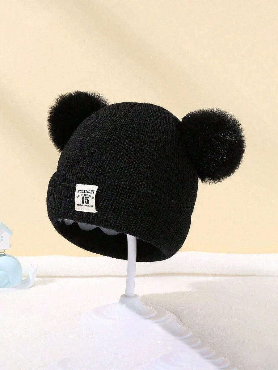 1 件纯色针织双绒球无檐小便帽，可爱婴幼儿针织帽，适合男孩和女孩，秋冬 - 1PC - 查看 1