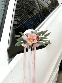 1 Stück Autospiegeldekoration für Hochzeit, Eukalyptus Blume für Stuhlrücken, Hochzeitsdekoration Flur, künstliche Rosenblume für Bambusstühle, Hochzeits- und Feiertagsdekoration Schleife, Hochzeitsauto Blumen