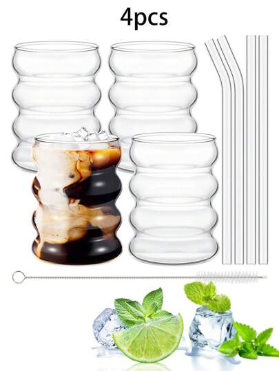 1pc/4pcs 300ml 10.14oz Ripple Glass, Glassware With Straw, Creative Glass, Vintage Drinking Glass, Ribbed Glassware, Wavy Clear Glass, Straw Glass, Drink Glass With Straw, Creative Glass, Cocktail Glass, Creative Martini Glass