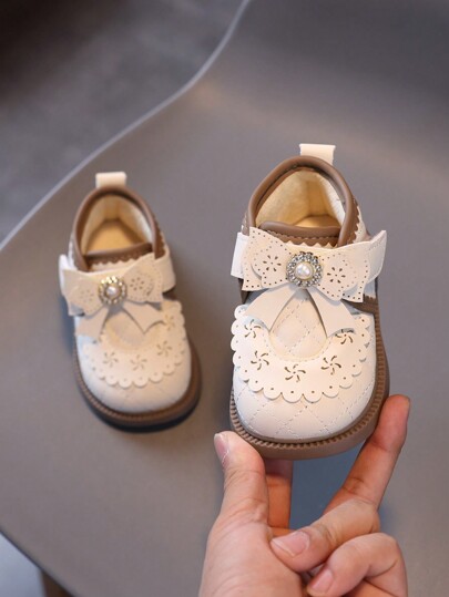 1 双女童防水蝴蝶结装饰水晶风格 PU 皮革公主步行靴，保暖婴儿鞋，适合春、夏、秋、冬