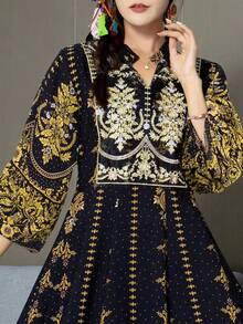 Vintage Arab Long Robe With Embroidery, Plus Size V-Neck Empire Waist Dress, Modest