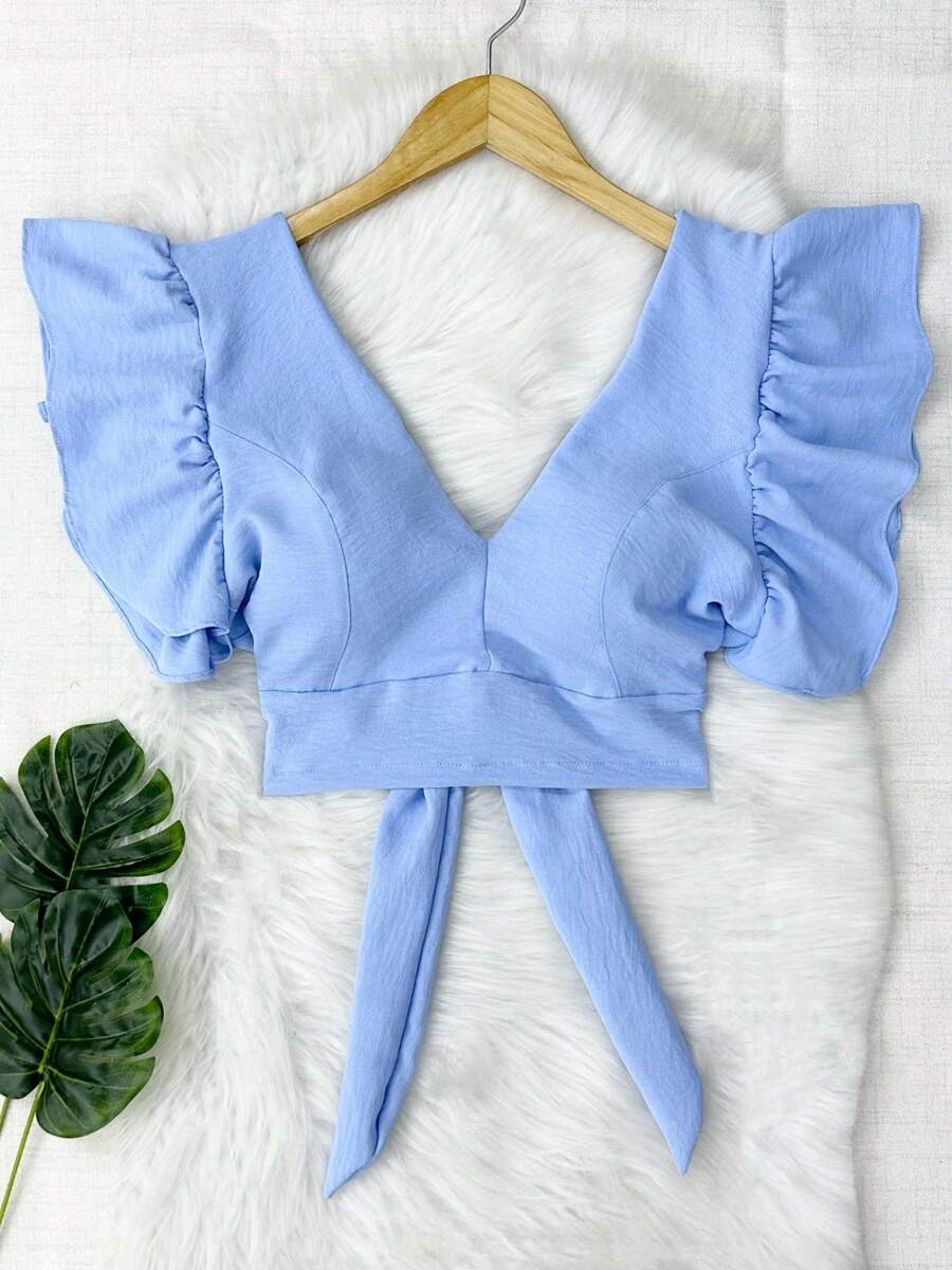 Cropped Blouse With Padding And Tied At The Back, Women's Fashion - Celeste - Ver 1