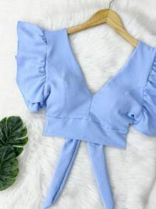 Cropped Blouse With Padding And Tied At The Back, Women's Fashion - Celeste - Ver 2