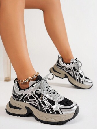 女士厚底运动鞋，厚底休闲运动鞋，皮革和网眼鞋面，透气，适合春秋季节