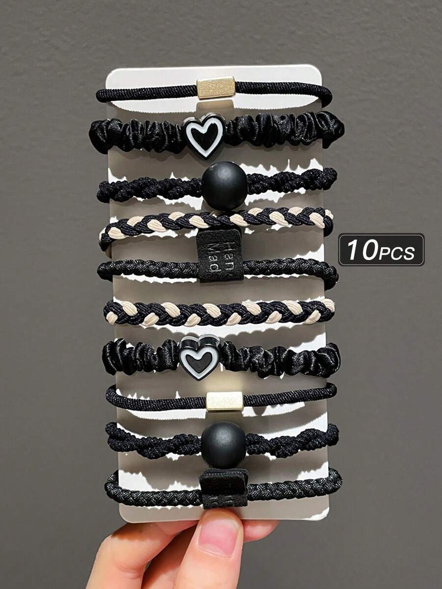 10个装黑色发圈，女士情人节礼物，发饰，马尾辫，发绳马尾发圈，发圈头饰 - 黑色 - 查看 1