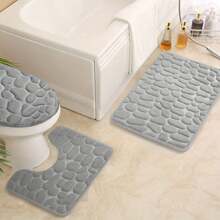 3PCS Soft Stone Texture Embossed High Resilience Memory Foam Water-Absorbent Non-Slip Bathroom Mat Set, Bathroom Floor Mat Home Bathroom Decor Bath Rug Floor Carpet Outdoor Rug Door Mat Summer Bathroom Accessories - Navy Blue - View 1