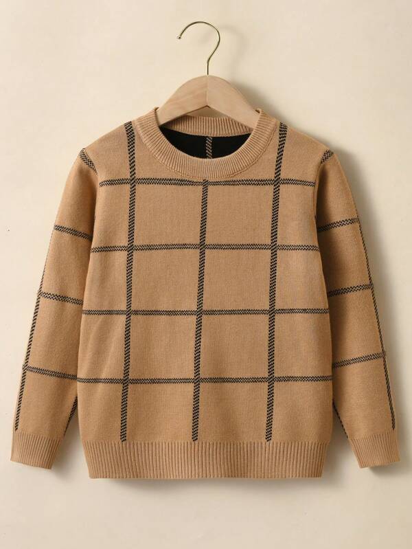 Young Boy School Style Plaid Pullover Sweater, Suitable For Spring, Autumn, Winter