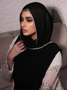 1 件装女士头巾全新纯色奢华雪纺水钻链条围巾纯色披肩真丝围巾头巾头带长袍配饰面纱服装