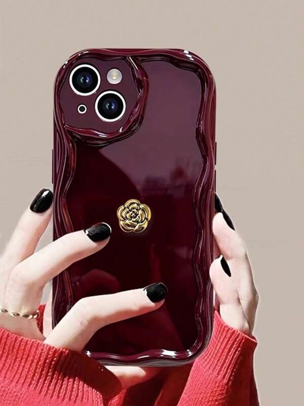 Apple Minimalist Metal Flower Decor Burgundy Phone Case Compatible With Iphone 16 Pro Max/16/16 Pro/16 Plus/15/15 Pro Max/15 Pro/15 Plus/11/12/13/14 Pro Max/XS/XR/11 Pro/11 Pro Max/12 Pro/12 Pro Max/13 Pro/13 Pro Max/7 Plus/14 Pro/14 Pro Max/14 Plus/12 Mini/13 Mini, Creative Elegant Ladies Design