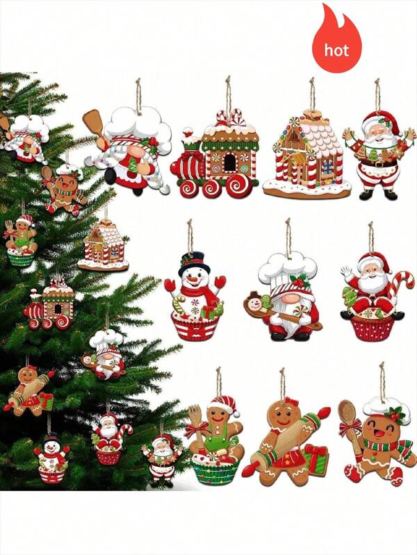 10pcs/20pcs/30pcs Gingerbread Christmas Decorations, Wooden Chef Santa Baking Gingerbread Candy Cake Decor, Christmas Tree Hanging Ornaments With String, Holiday Party Indoor Outdoor Home Decor Room Decor