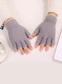 1 双女士时尚柔软毛绒保暖露指手套，加厚防寒触屏手套适合户外骑行、运动、冬季万圣节穿着 - 紫灰色 - 查看 2