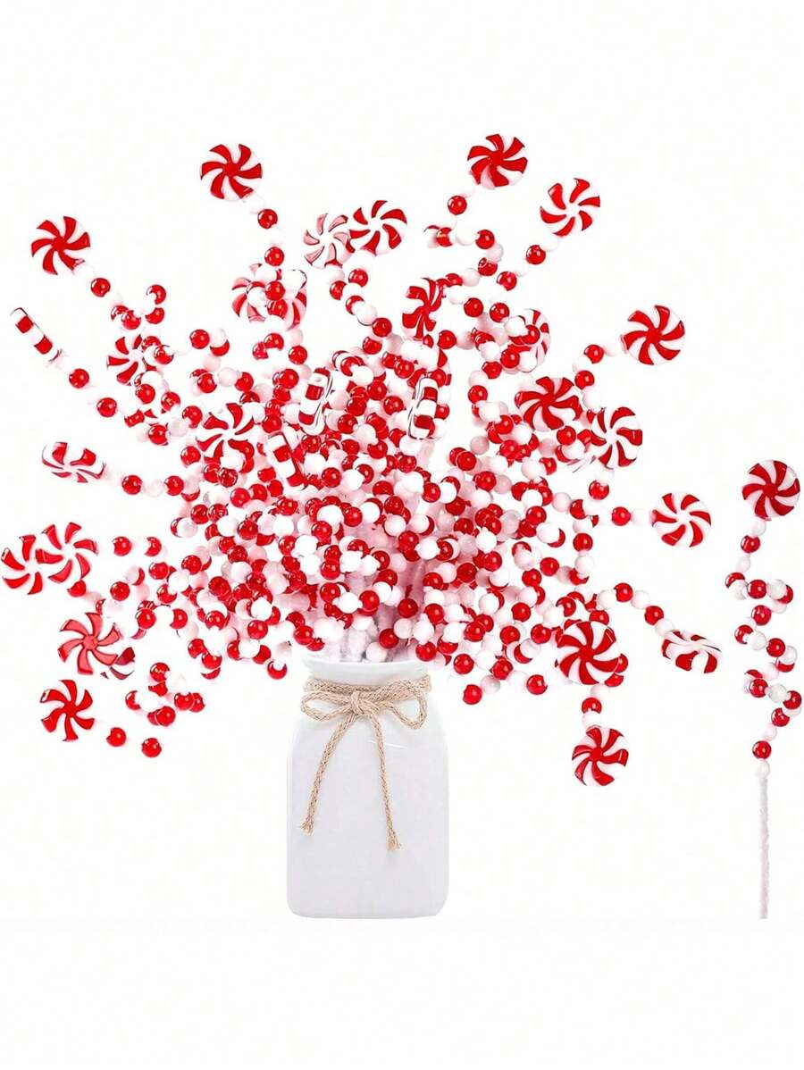 10 đồ trang trí cây thông Noel, đồ trang trí hình que kẹo xoăn, cành cây màu đỏ và trắng để trang trí ngày lễ, vòng hoa, bình hoa và đồ thủ công - đồ trang trí bằng nhựa đa năng, không cần nguồn điện, thích hợp cho nhiều lễ hội - Đỏ và trắng - Xem 1