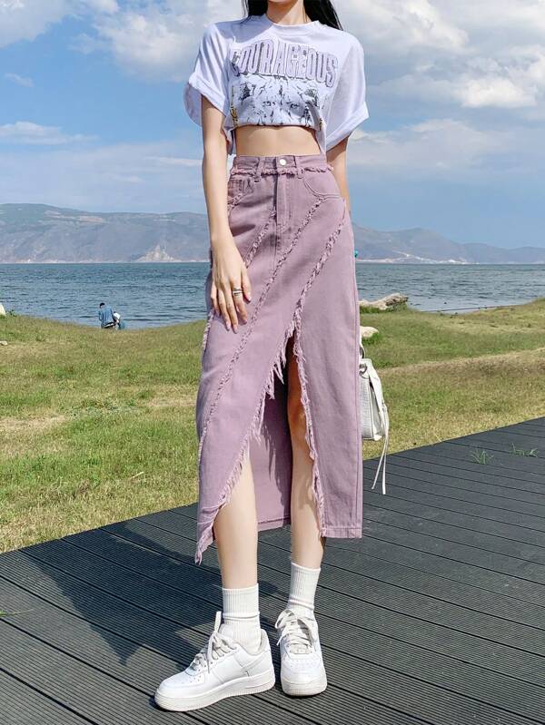 Women Casual Asymmetrical Frayed Hem Slit Mid-Length Denim Skirt