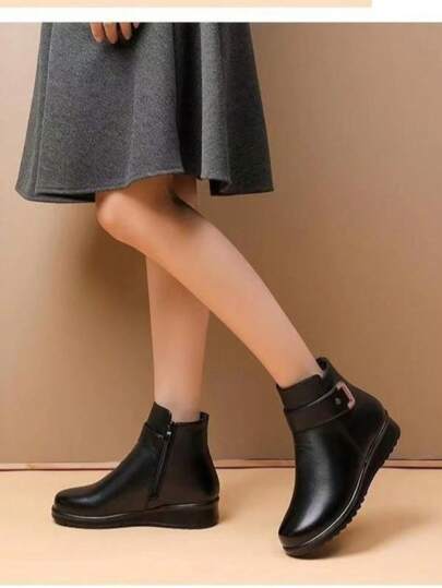 New Plus Size Mother Shoes Short Boots With Fur Lining, Comfortable Warm Non-Slip Wedge Heel Boots For Autumn/Winter