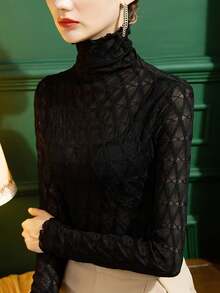 Damen-Unterhemd mit hohem Halsausschnitt und Spitzenbesatz, schmale Passform, langärmelig, beliebtes schwarzes T-Shirt, Frühling & Herbst