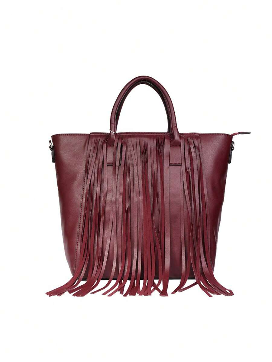 Women's Elegant Casual Sophisticated Tasseled Vintage Solid Color Large Capacity Tote Bag For Work, Commute, Travel, Gift