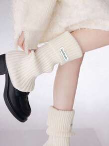 1pair White Pile Leg Warmers With Metallic Logo Leg Warmers Cuffs, Y2k, Cozy