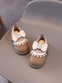 1 Pair Girl's Crystal Bow Heart-Shaped Princess Shoes, Suitable For Infant, Toddler Girls, Soft Sole, For Spring/Summer/Autumn/Winter