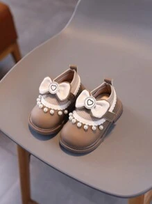 1 Pair Girl's Crystal Bow Heart-Shaped Princess Shoes, Suitable For Infant, Toddler Girls, Soft Sole, For Spring/Summer/Autumn/Winter