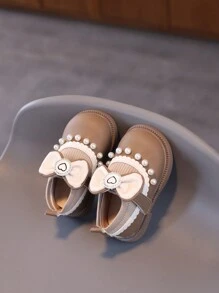 1 Pair Girl's Crystal Bow Heart-Shaped Princess Shoes, Suitable For Infant, Toddler Girls, Soft Sole, For Spring/Summer/Autumn/Winter