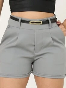 SHEIN Shorts In Tailored Fabric With Belt And Side Zipper Pocket Fashion 2024 Summer Blogger Look Fashion Isabela - 灰色 - 查看 1