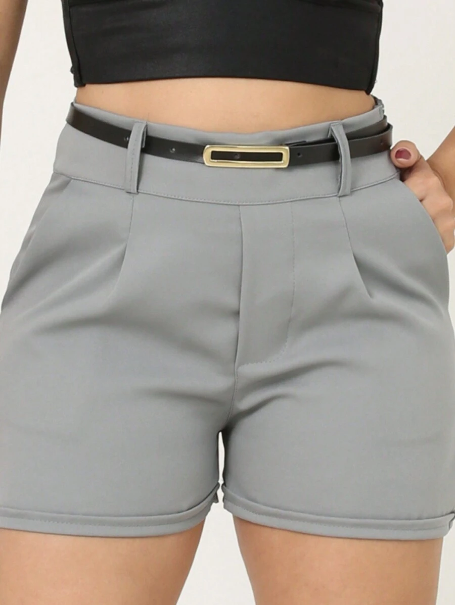 SHEIN Shorts In Tailored Fabric With Belt And Side Zipper Pocket Fashion 2024 Summer Blogger Look Fashion Isabela - 灰色 - 查看 1