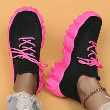 Women's Breathable Round Toe Slip-On Cushion Sneakers, Ladies' Casual Knitted Shoes - 棗紅 - 查看 3