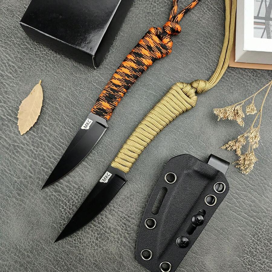 MKC Outdoor Tactical Small Straight Knife 440c Stainless Steel Hunting Knife Nylon Rope Wrapped Handle Fishing Knife Multipurpose Camping Vegetable And Fruit Knife Kydex Sheath - Total length: 16.4CM  Blade length: 7.0CM  Handle length: 8.9CM - 查看 1
