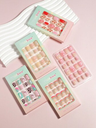 VV MEI JIA ER 5-pack (120 stycken - jordgubb/regnbåge/hjärta/fransk/djur) söt design liten storlek barn press-on naglar akryl lösnaglar självhäftande hel täckande korta barn ovala lösnagelkonst kit set passar för flickor, press-on naglar nagelkonst dekorationer presenter & 5 ark tejp & 5 st nagelfilar