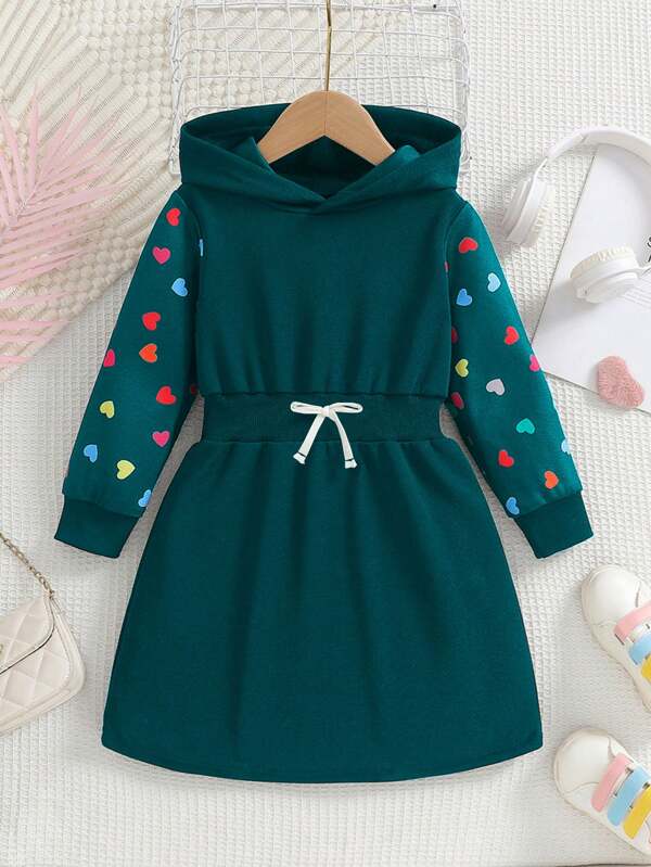 Vestido largo informal para niña con capucha con cordón, mangas de encaje 3D, estampado de corazón colorido