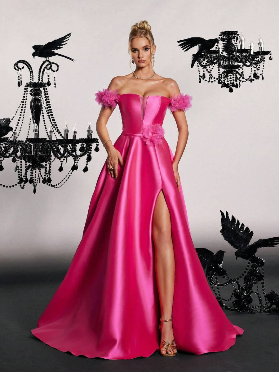 Women's Off Shoulder Satin Ruffle High Slit Evening Gown