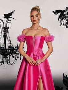 Women's Off Shoulder Satin Ruffle High Slit Evening Gown